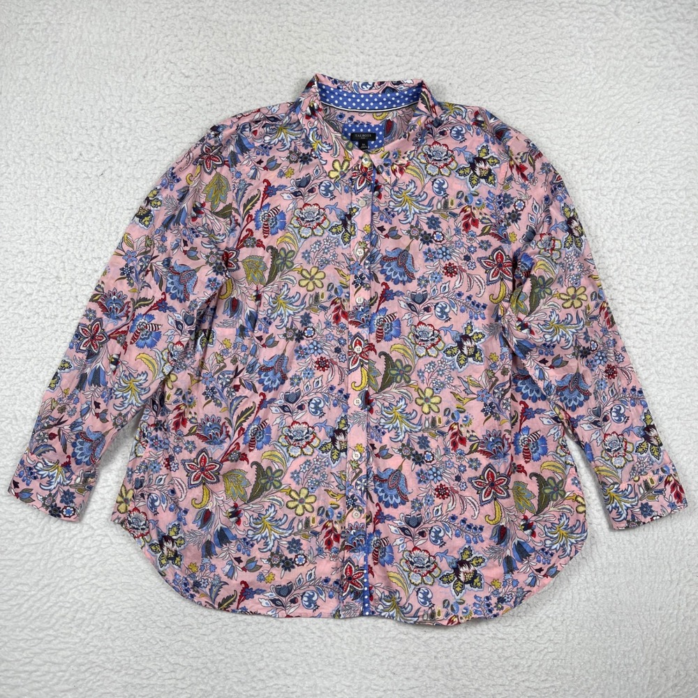 Talbots Button Down Womens 3X Pink Floral Paisley Long Sleeve Cotton Preppy